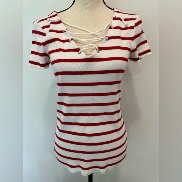Ralph Lauren Sport Large Stripe Tie Rope Neck Top Polo Horse Logo Red and White - Picture 5 of 8